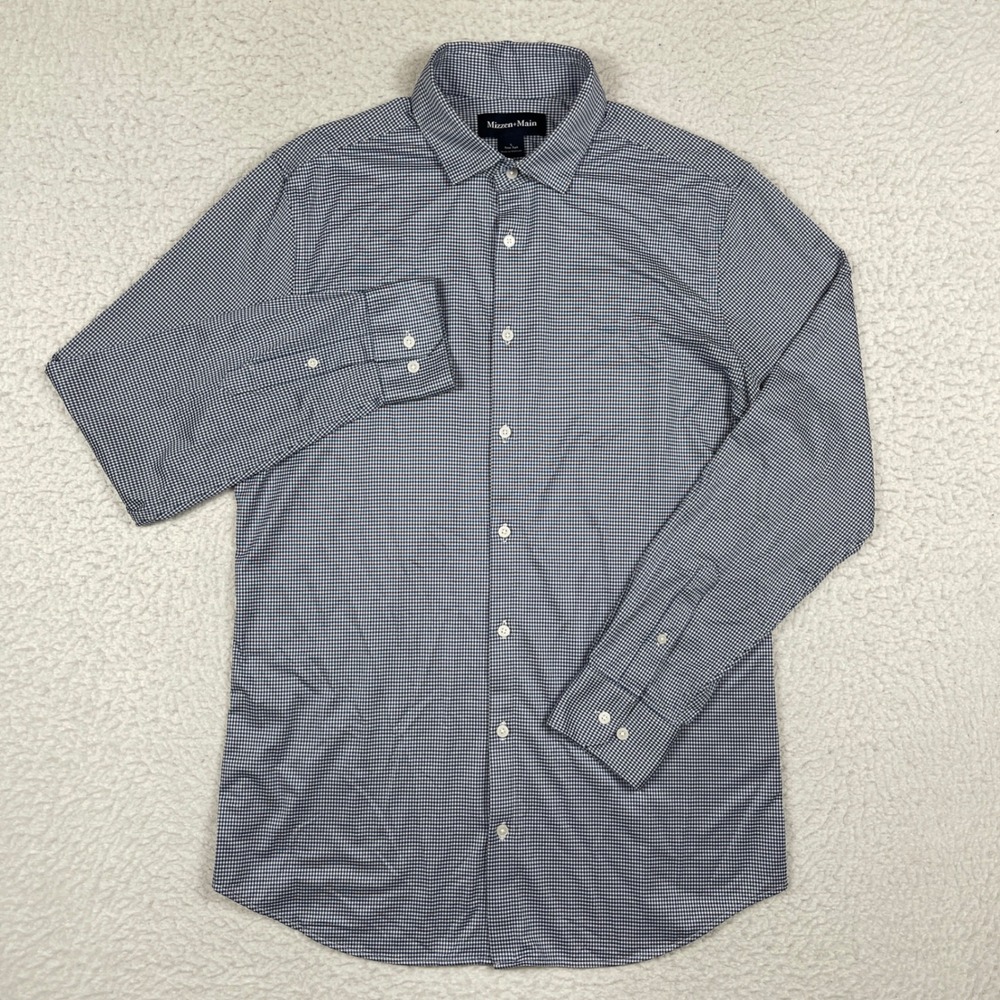 Mizzen+Main Dress Shirt Mens Large Trim Tall Blue Gingham Performance Stretch